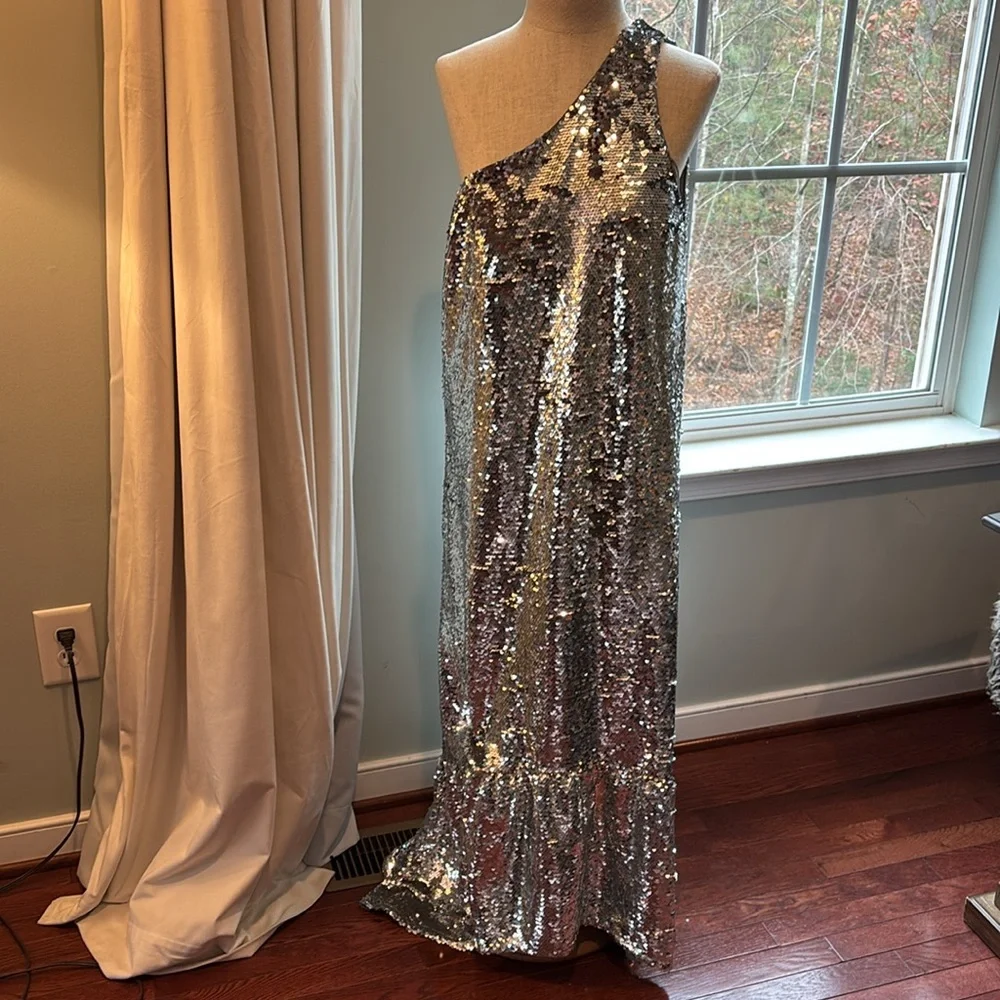 ANTHROPOLOGY /MAUVE sequin one shoulder party dress S Christmas new years - Picture 2 of 8